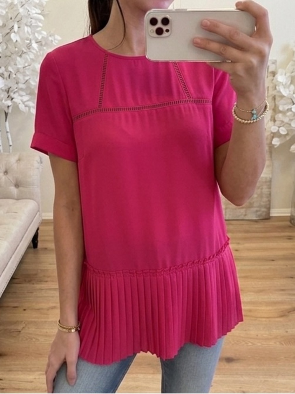 Banana Republic Hot Pink Pleated-Hem Short Sleeve Blouse